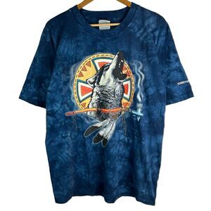 VTG Y2K 2002 Optima Sz L Shirt Wolf Aztec Navajo Native Tie Dye Animal Tombstone